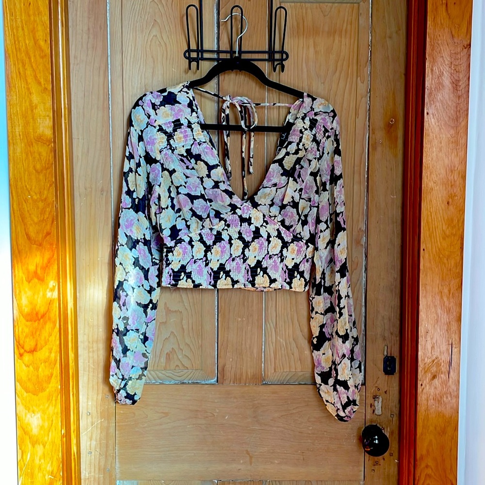 Lulus Romantic impression black floral smocked long sleeved top